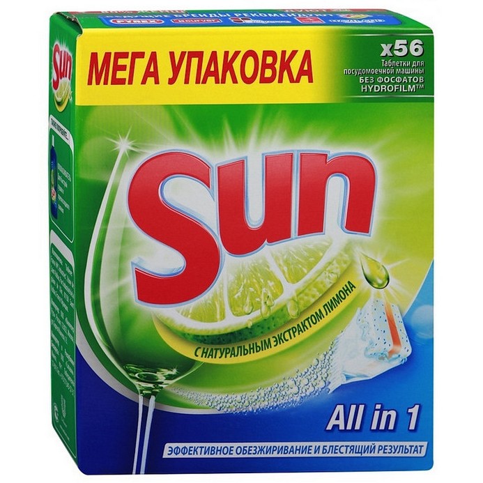 Таблетки SUN для мытья посуды в ПММ ALL IN 1 с экстрактом лимона (56шт)